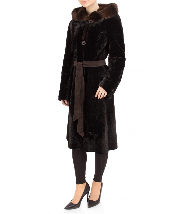 Пальто из мутона, цвет: Шоколад астраган, отделка Норка - купить за 44000 в магазине - Гипермаркет меха